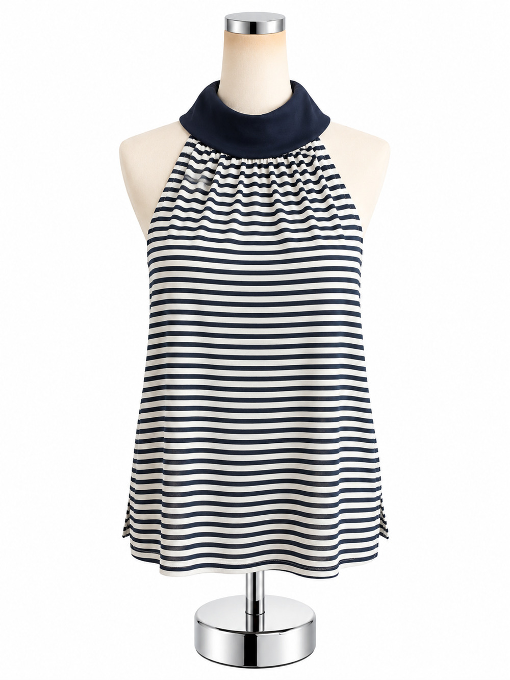 Sail to Sable Striped Funnel Neck Sleeveless Top Navy White Gold Buttons Small